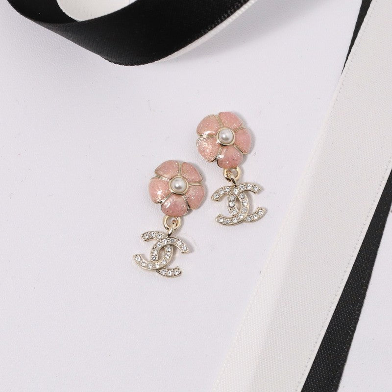 18K Chanel Black & Pink Camellia Diamond Earrings