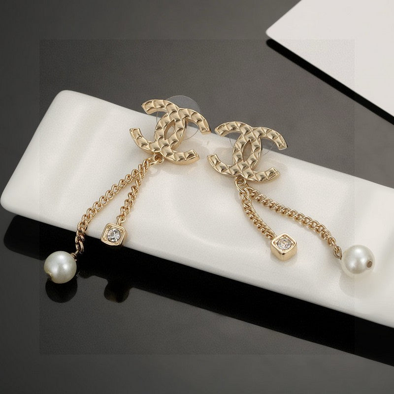 18K Chanel Long Pearl Pendant Earrings