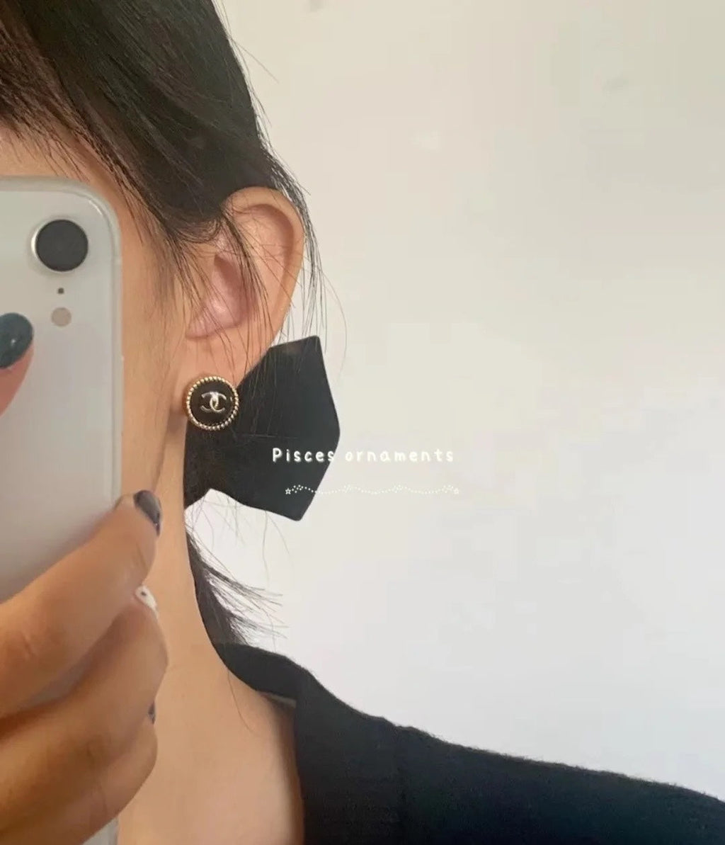 18K Chanel Circle Black Resin Earrings