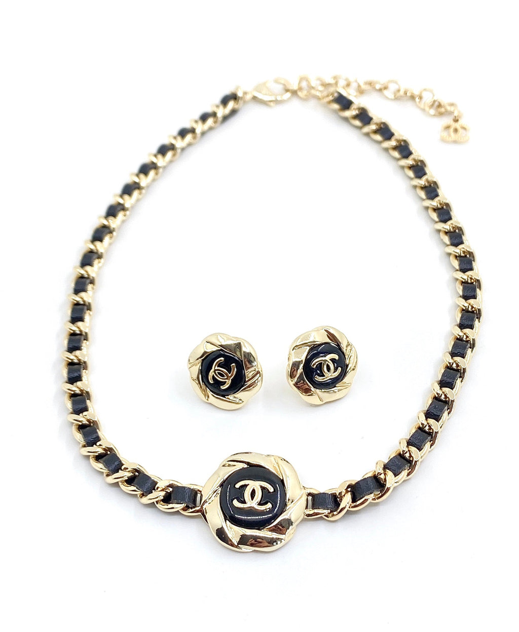 18K Chanel Rhinestone Leather Choker Necklace