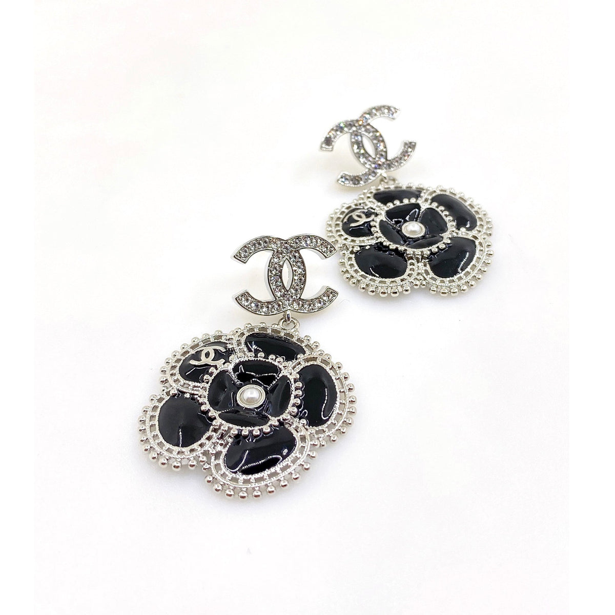 18K Chanel Black Pearl Camellia Earrings