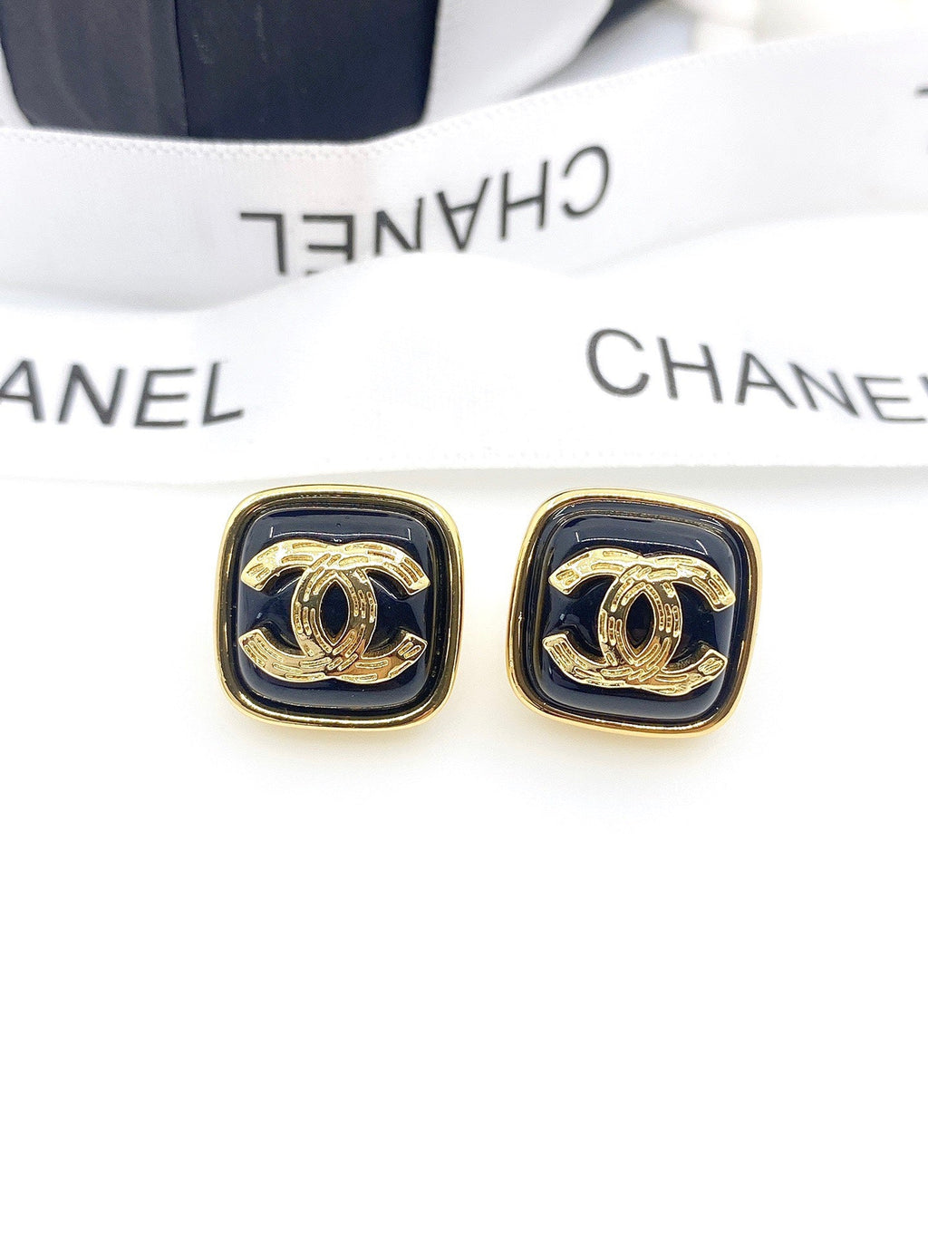 18K Chanel Square Resin Earrings
