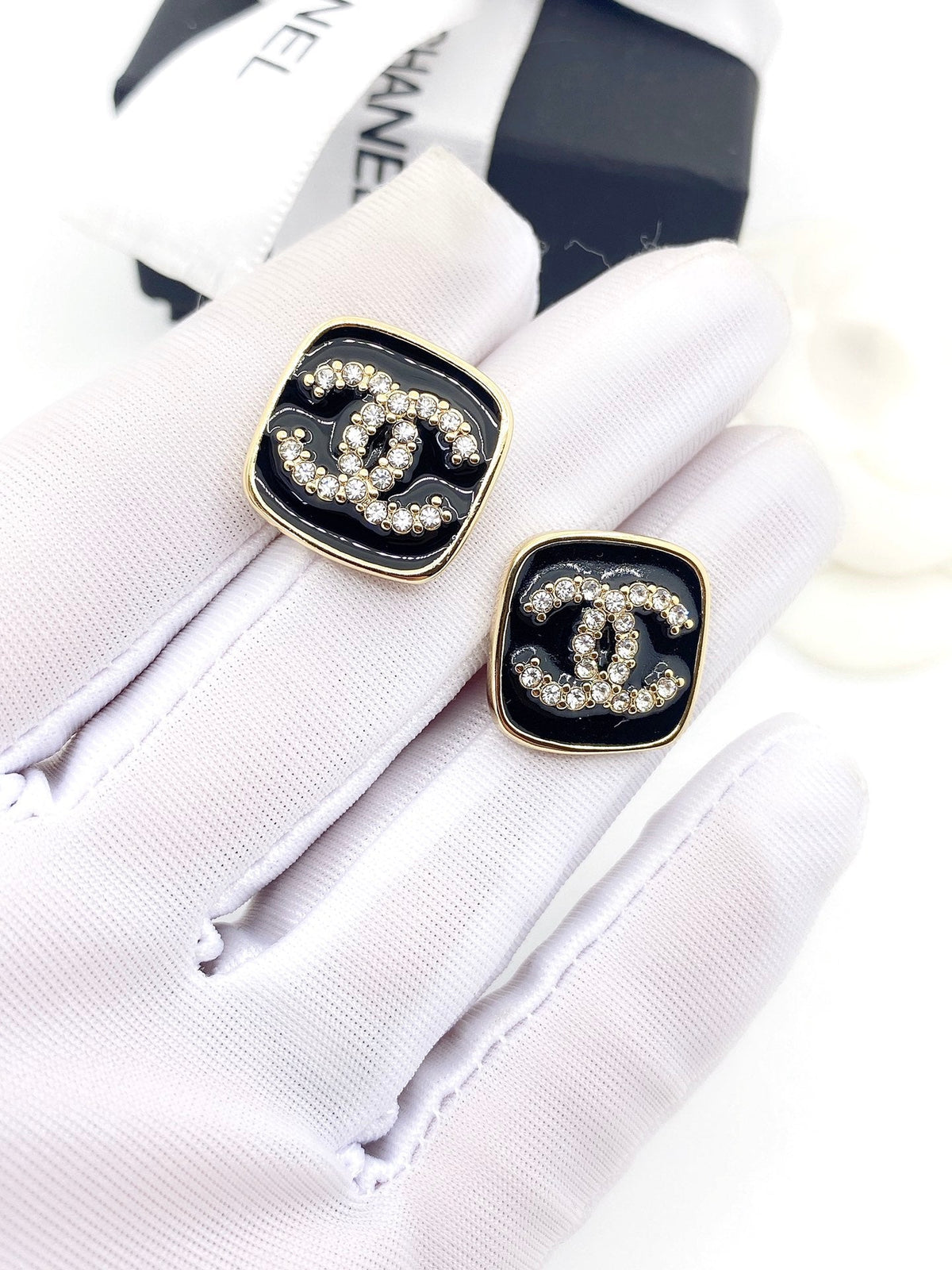 18K Chanel Square Resin Diamond Earrings