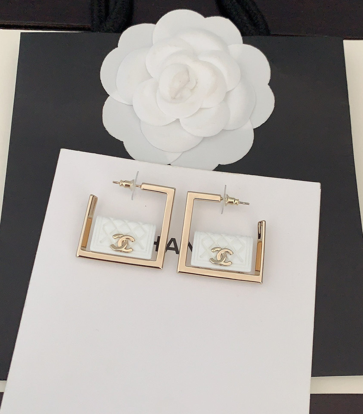 18K Chanel White Bag Pendant Earrings