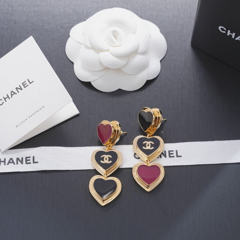 18K Chanel Black & Red Heart Gold Long Earrings