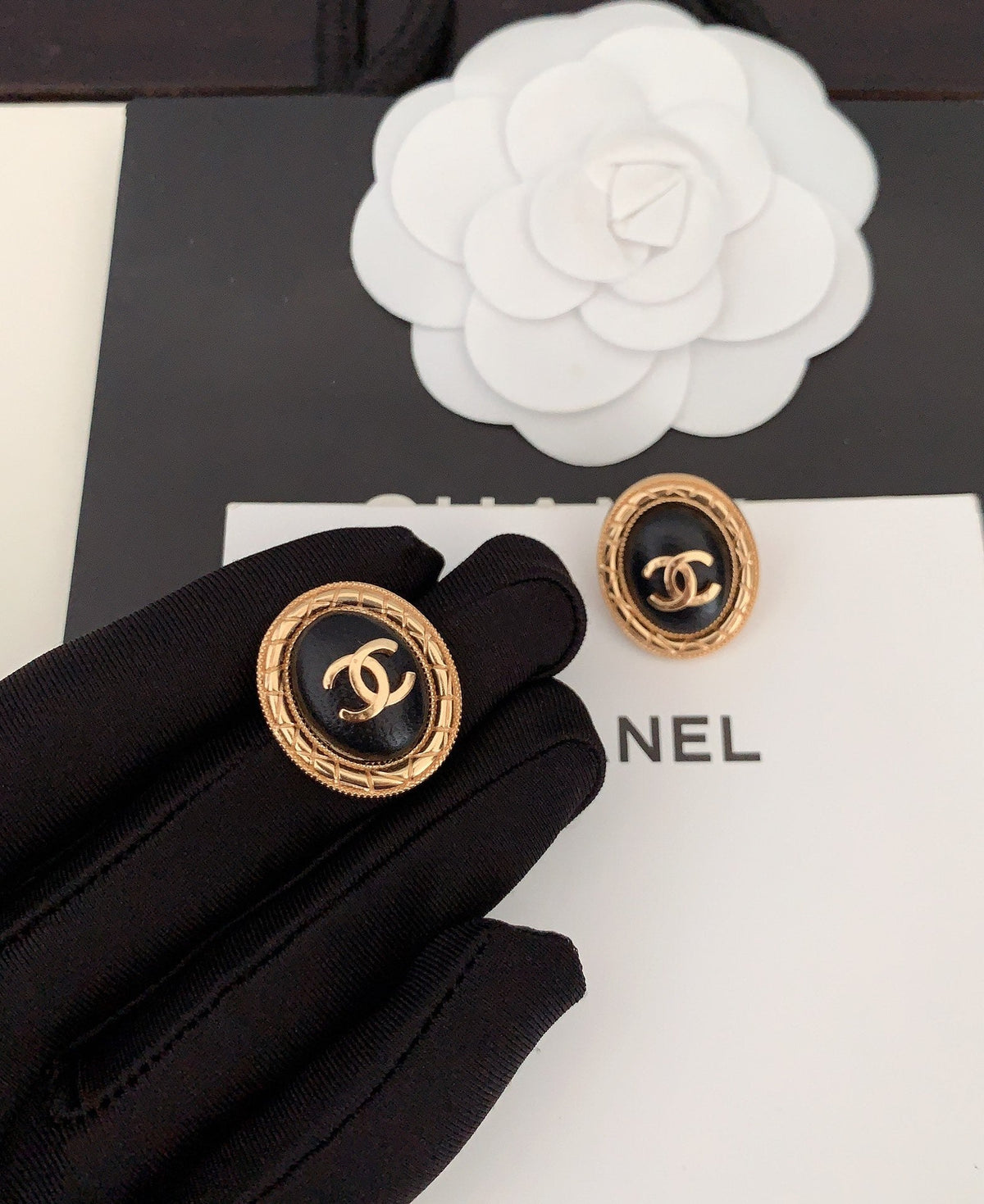 18K Chanel Oval Leather Earrings