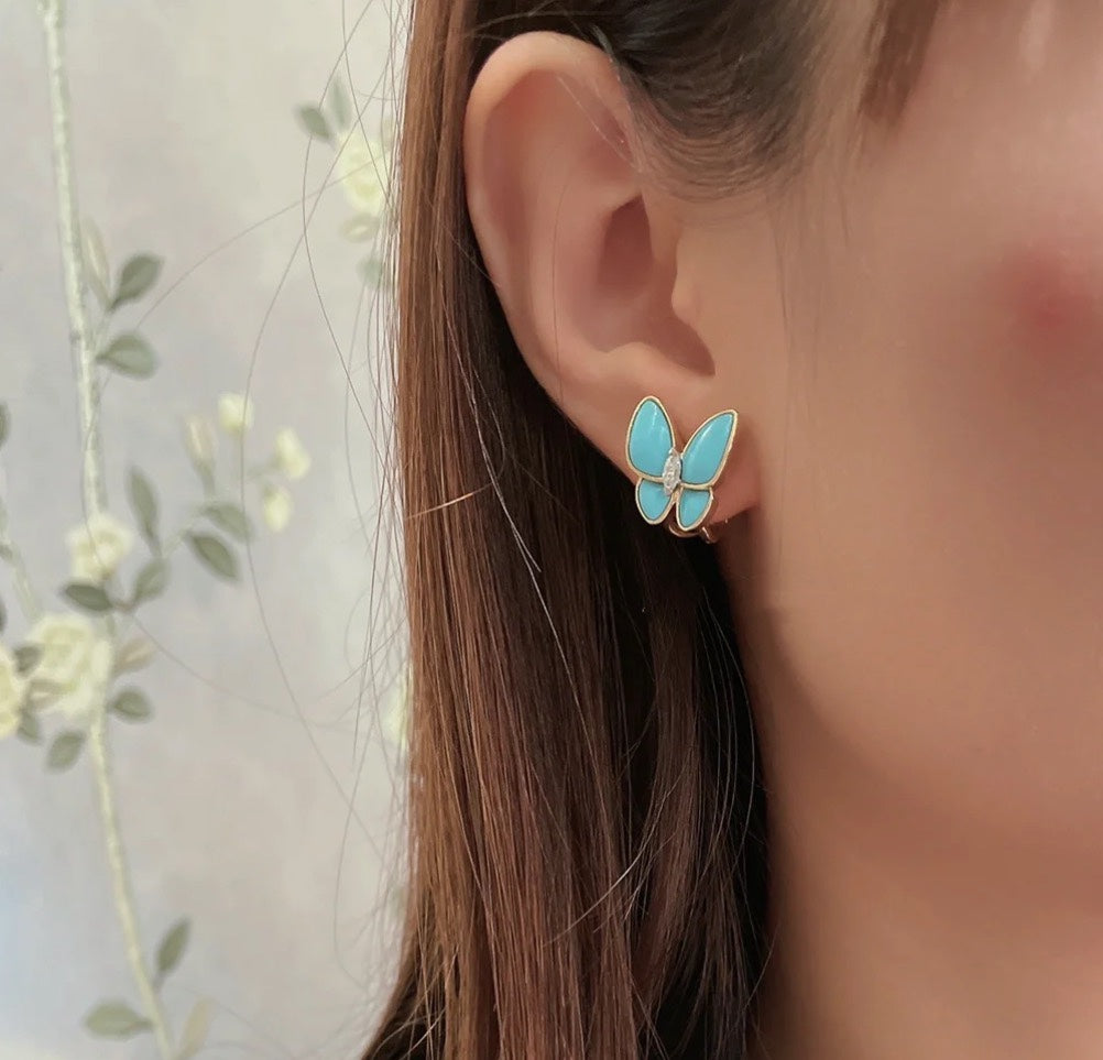 18K Van Cleef & Arpels Two Butterfly Turquoise Earrings