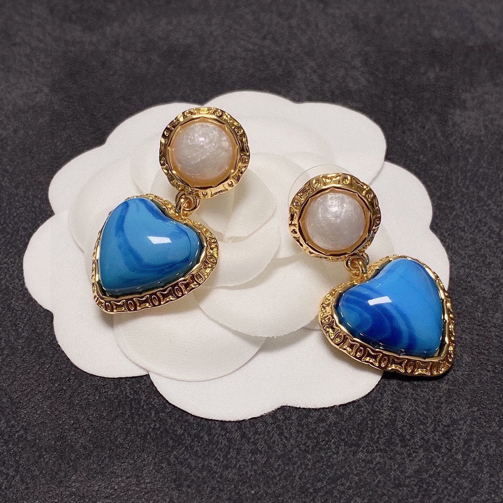 18K Chanel Blue Heart Pearl Earrings