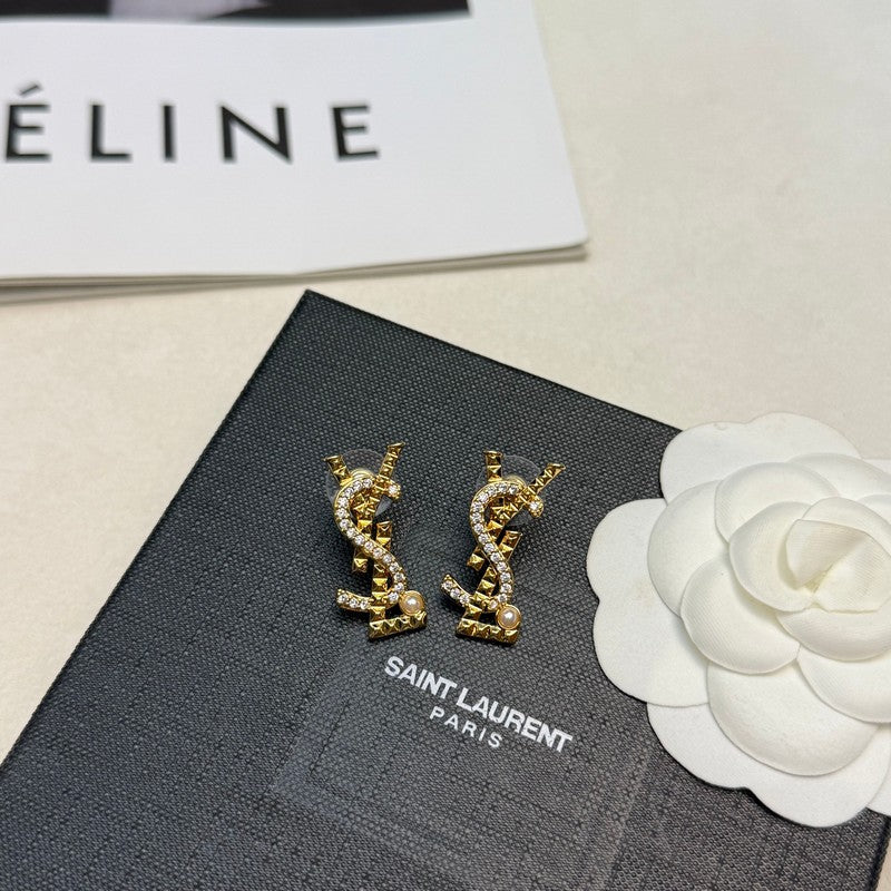 18K Saint Laurent YSL Gold Diamond Earrings