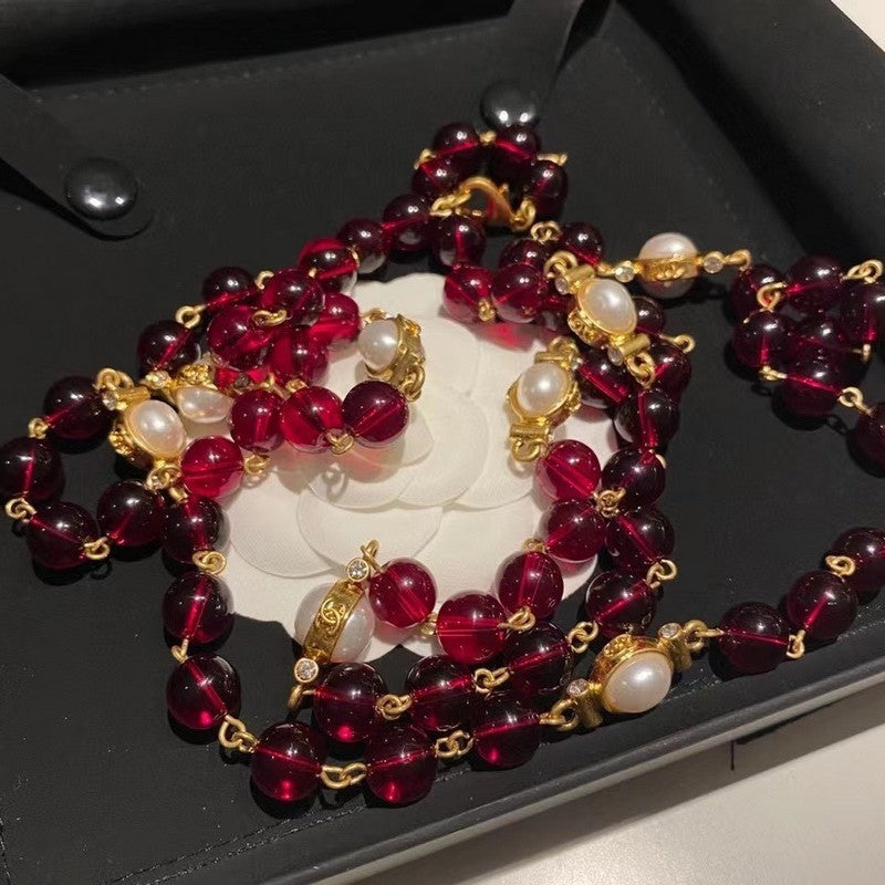 18K Chanel Long Red & White Pearls Necklace