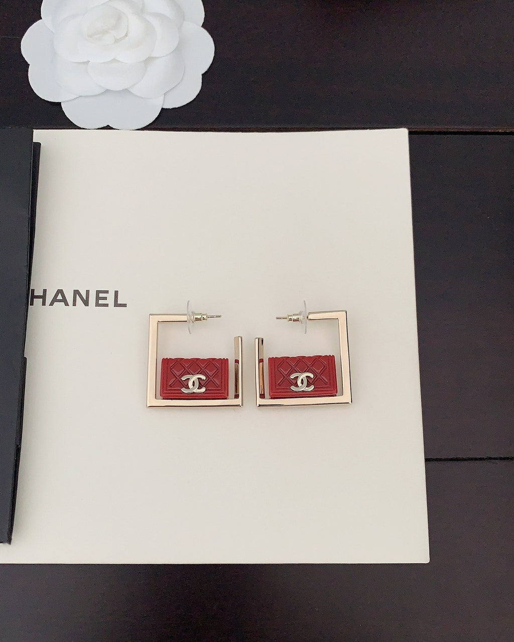 18K Chanel Red Bag Pendant Earrings