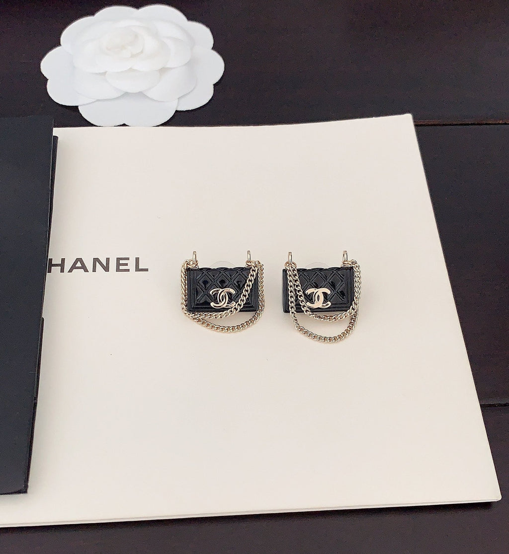 18K Chanel Black Bag Pendant Earrings