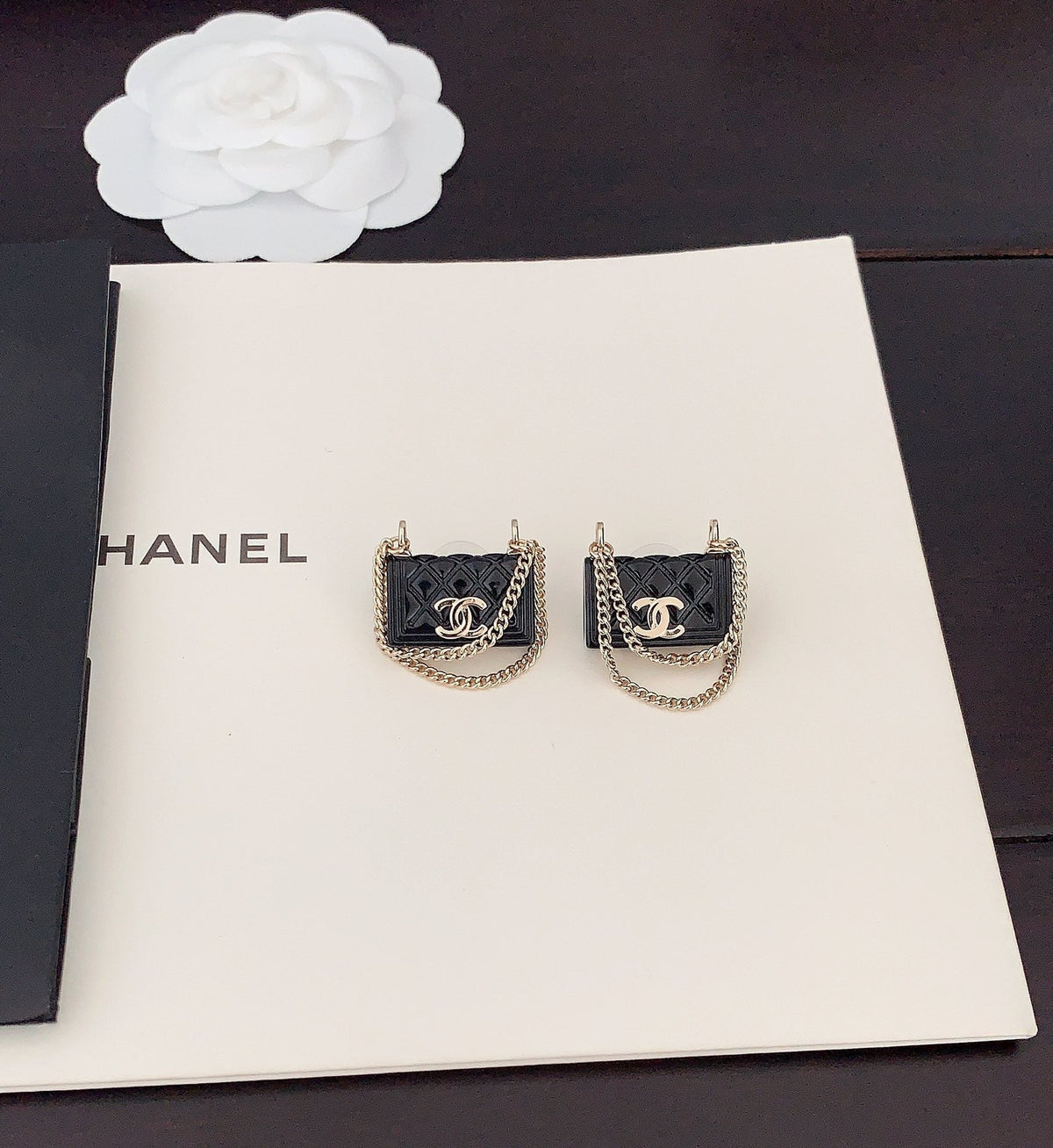 18K Chanel Black Bag Pendant Earrings
