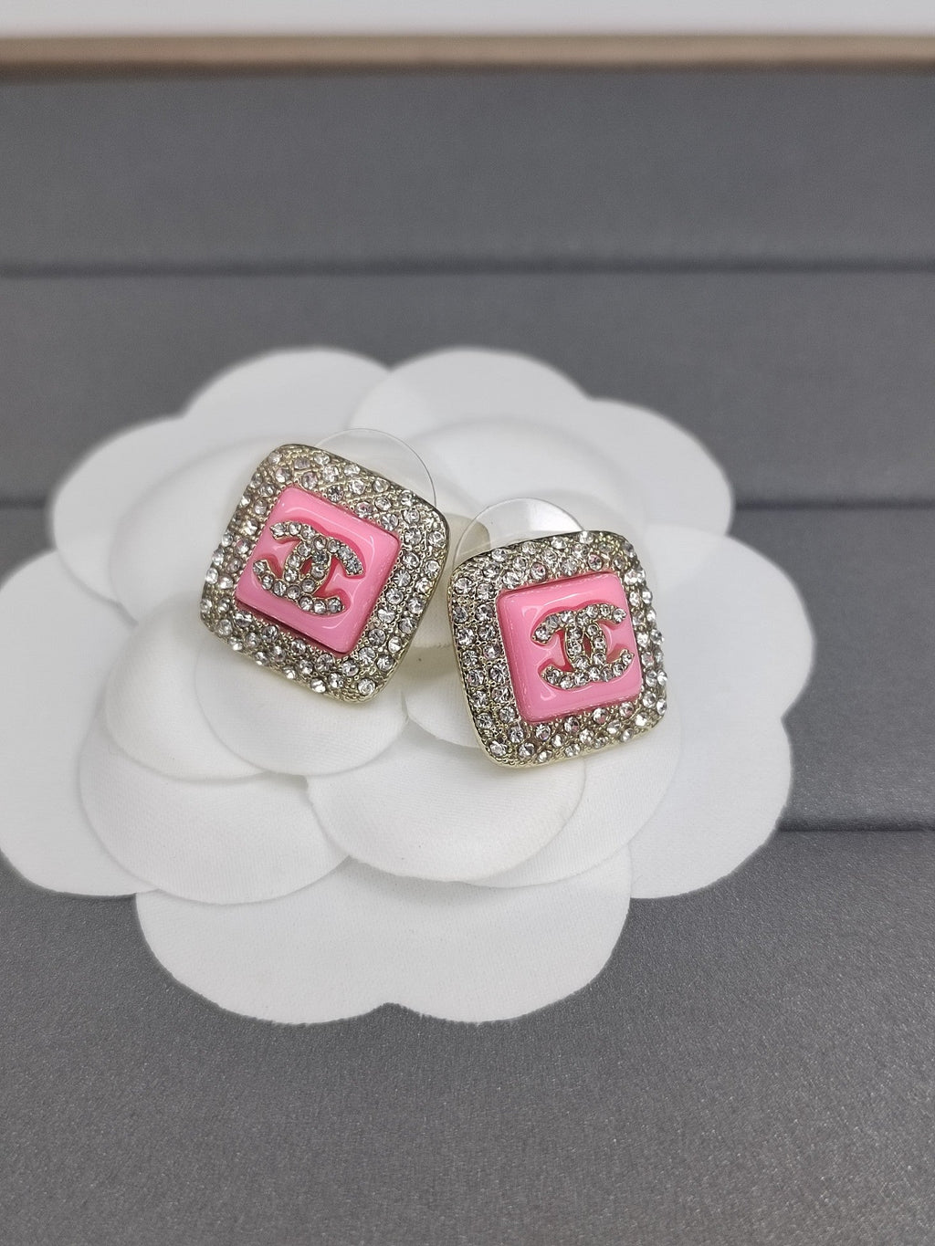18K Chanel Diamond Square Pink Earrings