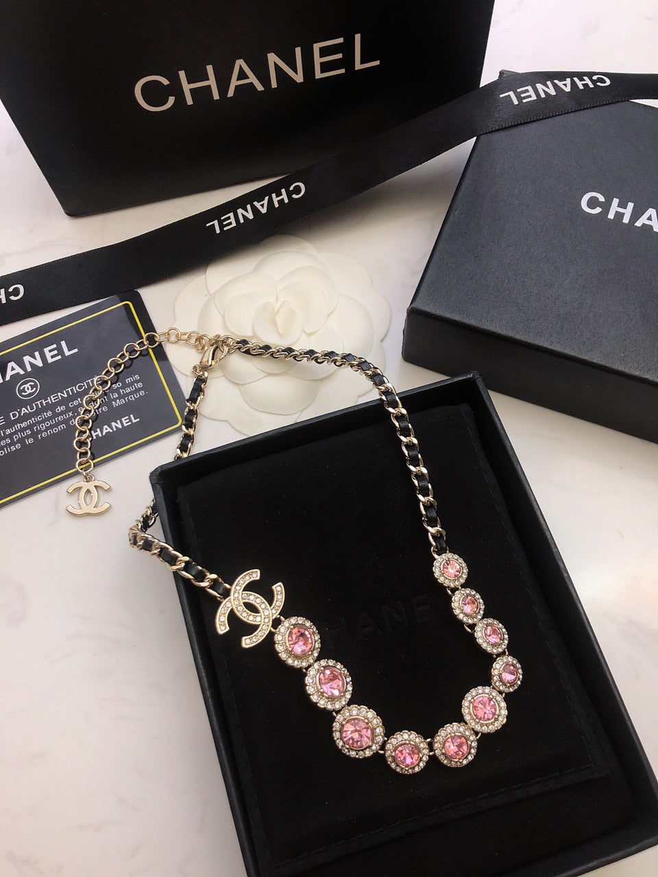 18K Chanel Pink Crystals Leather Necklace