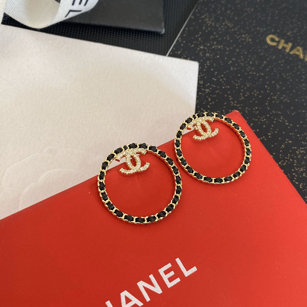 18K Chanel Black Leather Circle Earrings