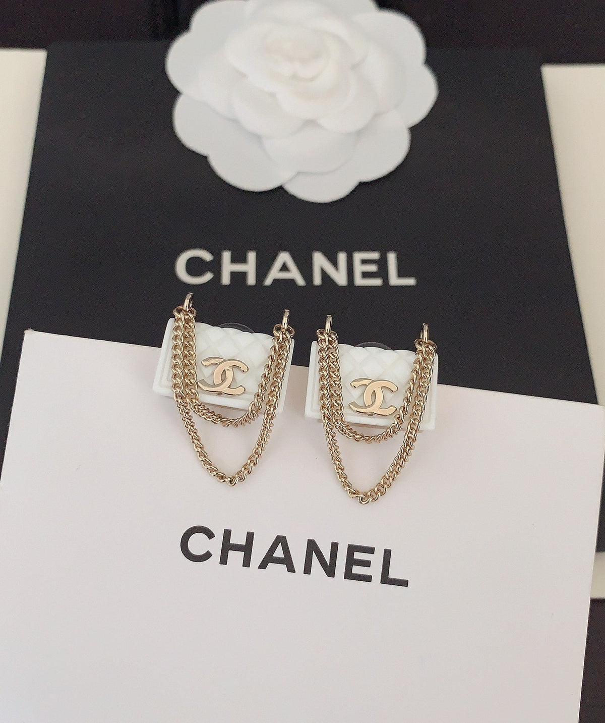 18K Chanel White Bag Earrings