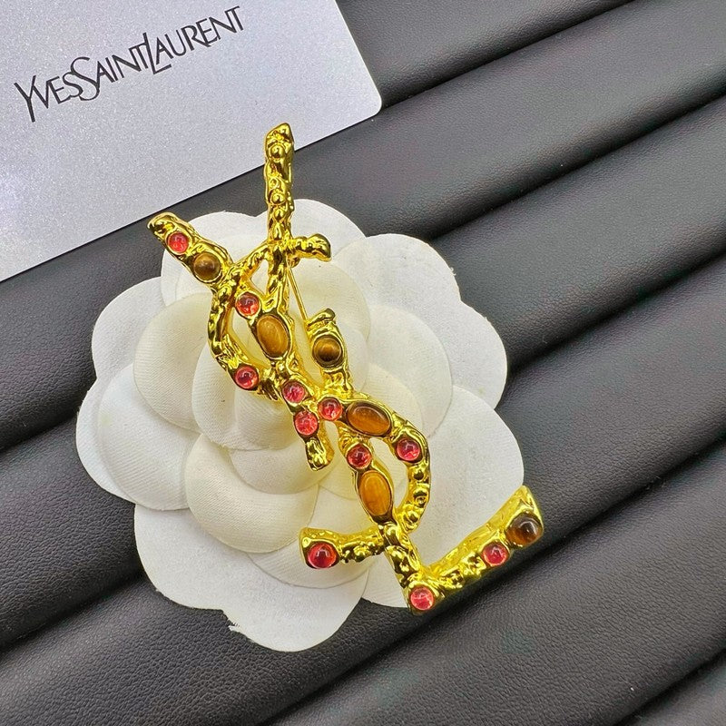 18K Saint Laurent YSL Crystal Brooch