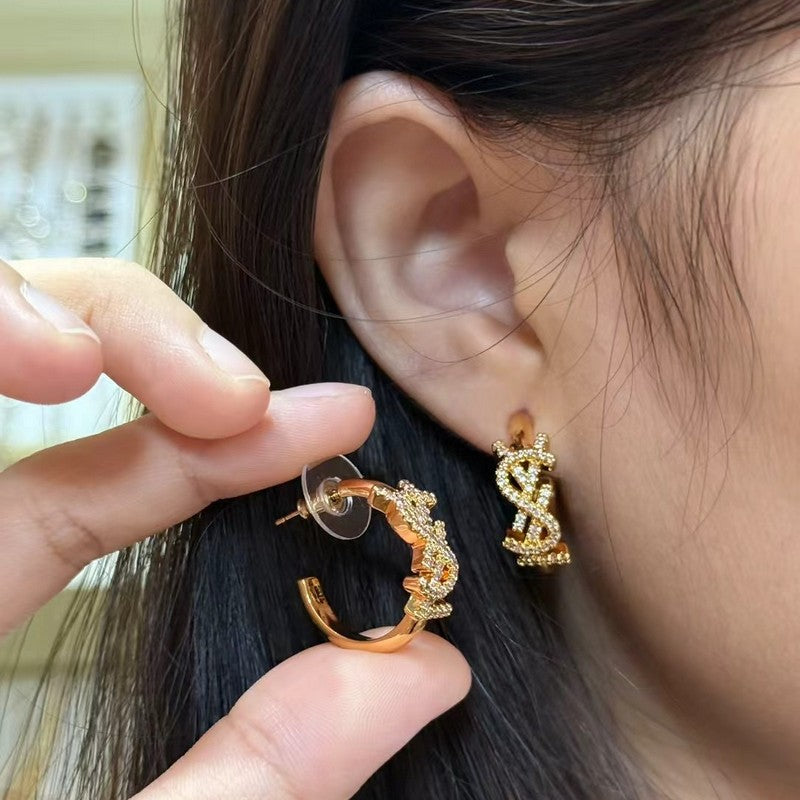 18K Saint Laurent YSL Gold Diamond Circle Earrings