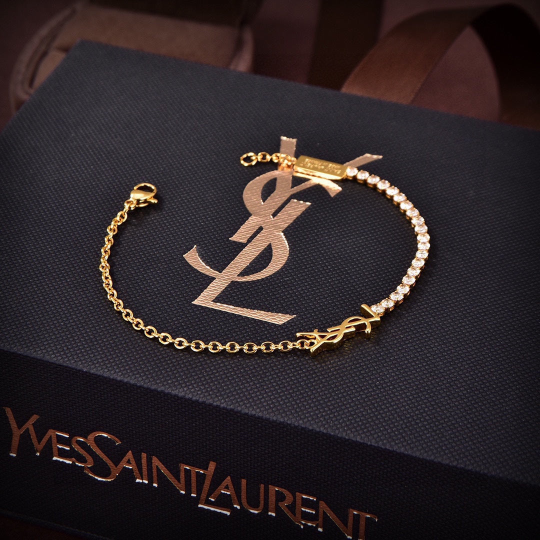 18K Saint Laurent YSL Crystals Chain Bracelet
