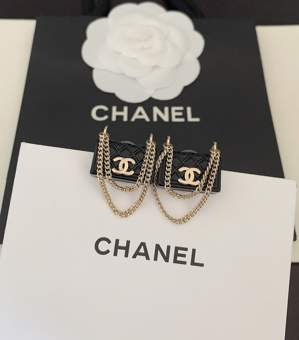 18K Chanel Black Bag Pendant Earrings