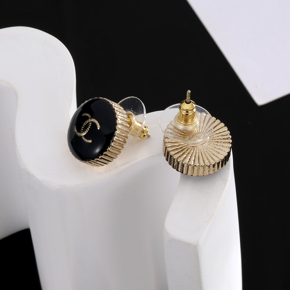18K Chanel Circle Black Resin Earrings