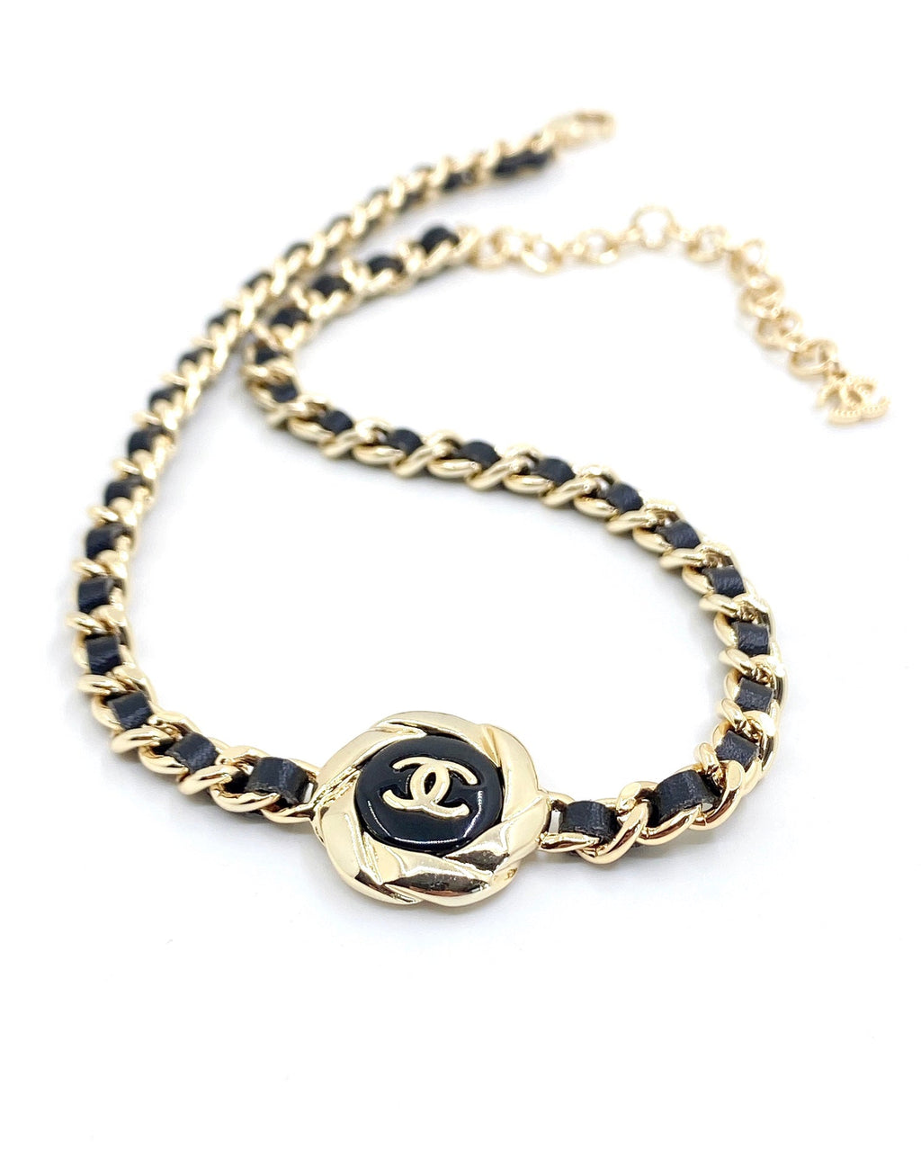18K Chanel Rhinestone Leather Choker Necklace