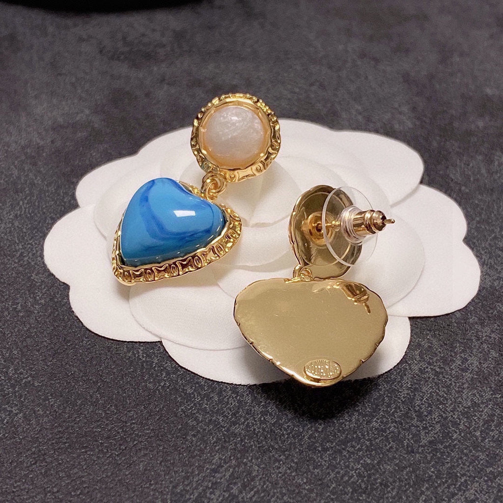 18K Chanel Blue Heart Pearl Earrings