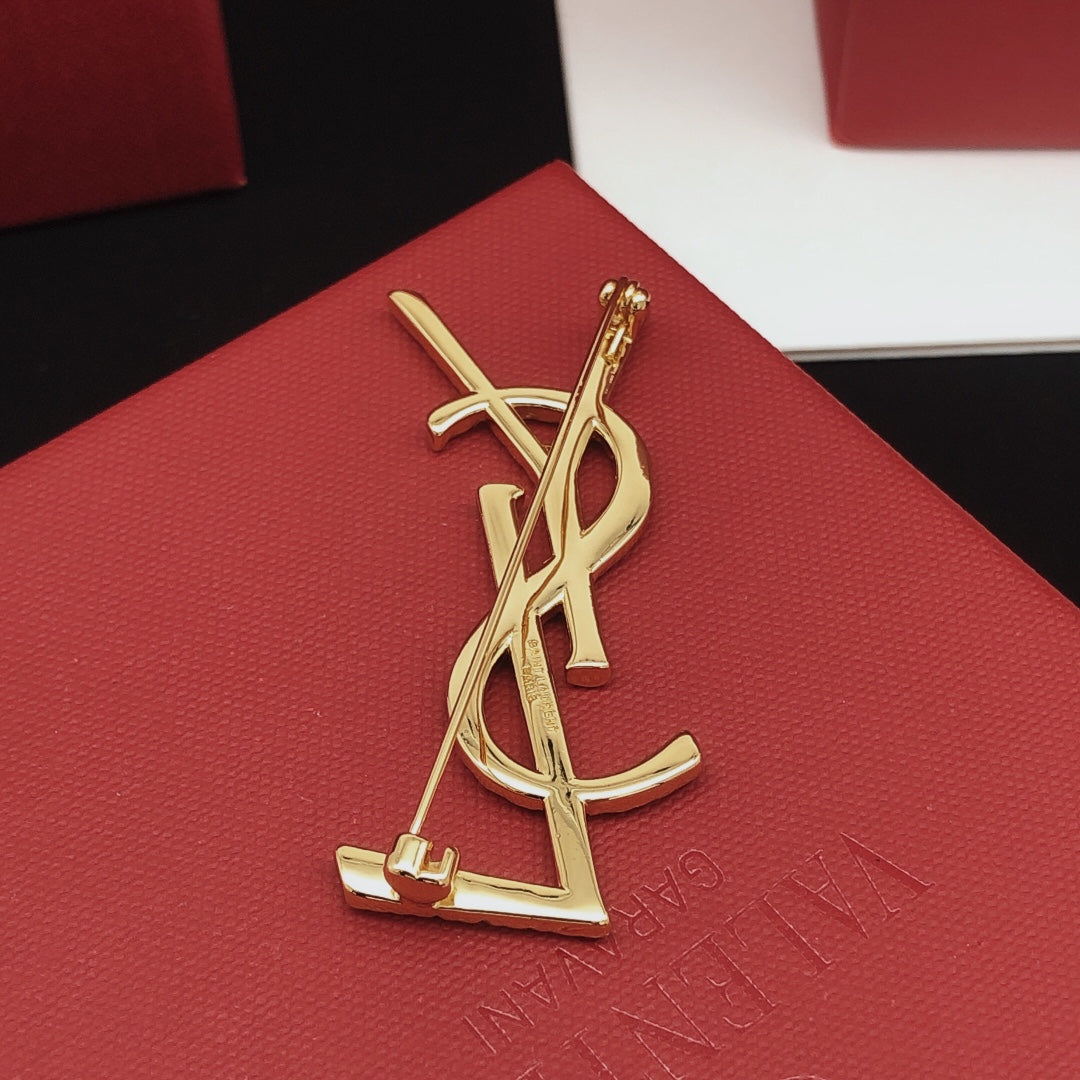 18K Saint Laurent YSL Gold Brooch