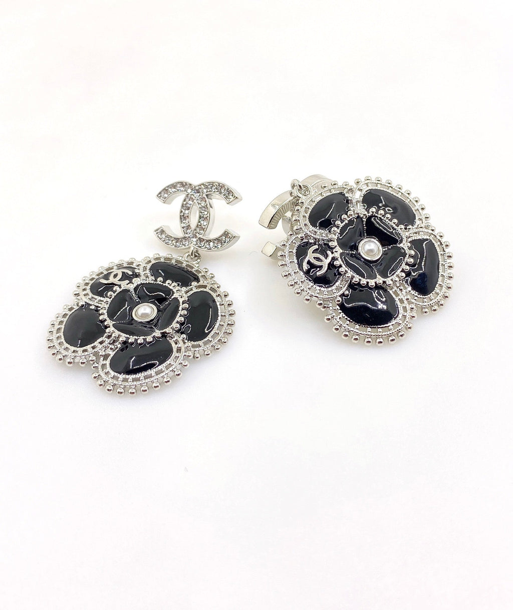 18K Chanel Black Pearl Camellia Earrings
