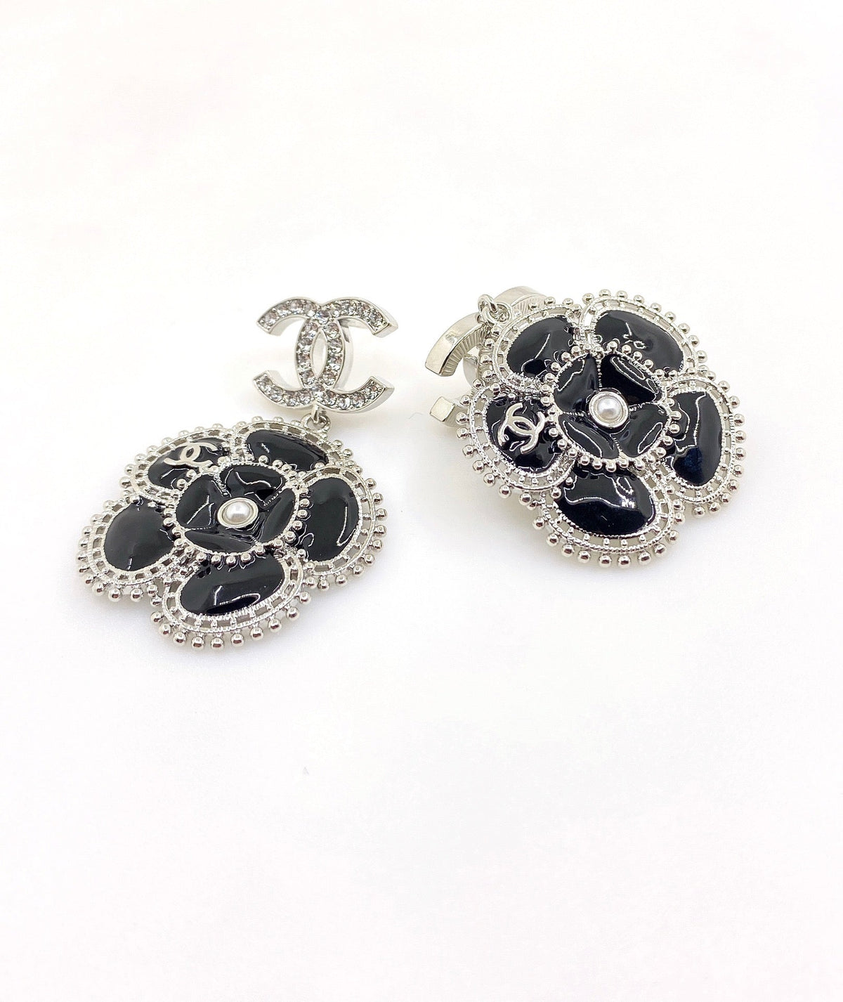 18K Chanel Black Pearl Camellia Earrings