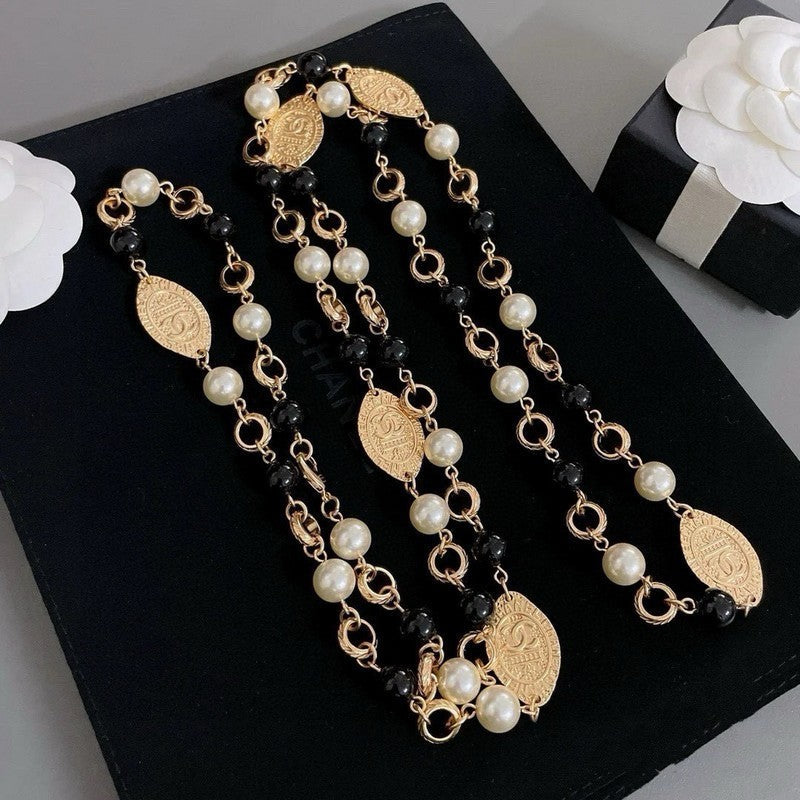 18K Chanel Long Black & White Pearls Necklace