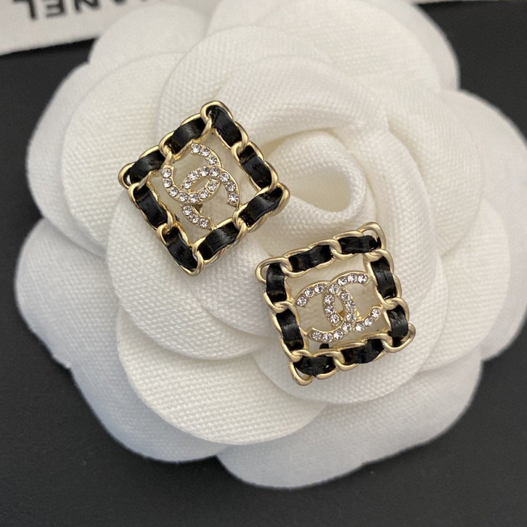 18K Chanel Square Leather Earrings