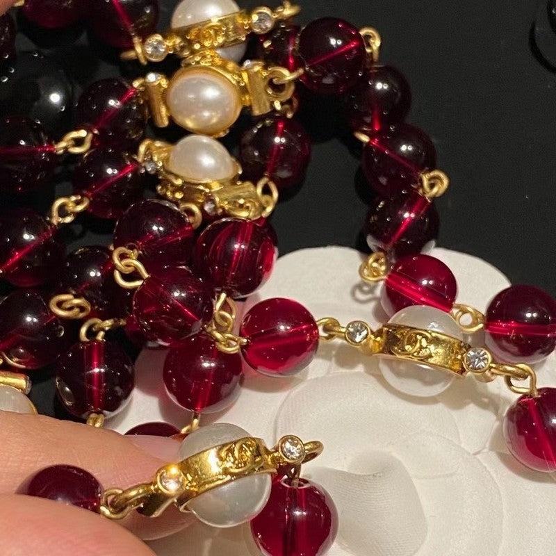 18K Chanel Long Red & White Pearls Necklace