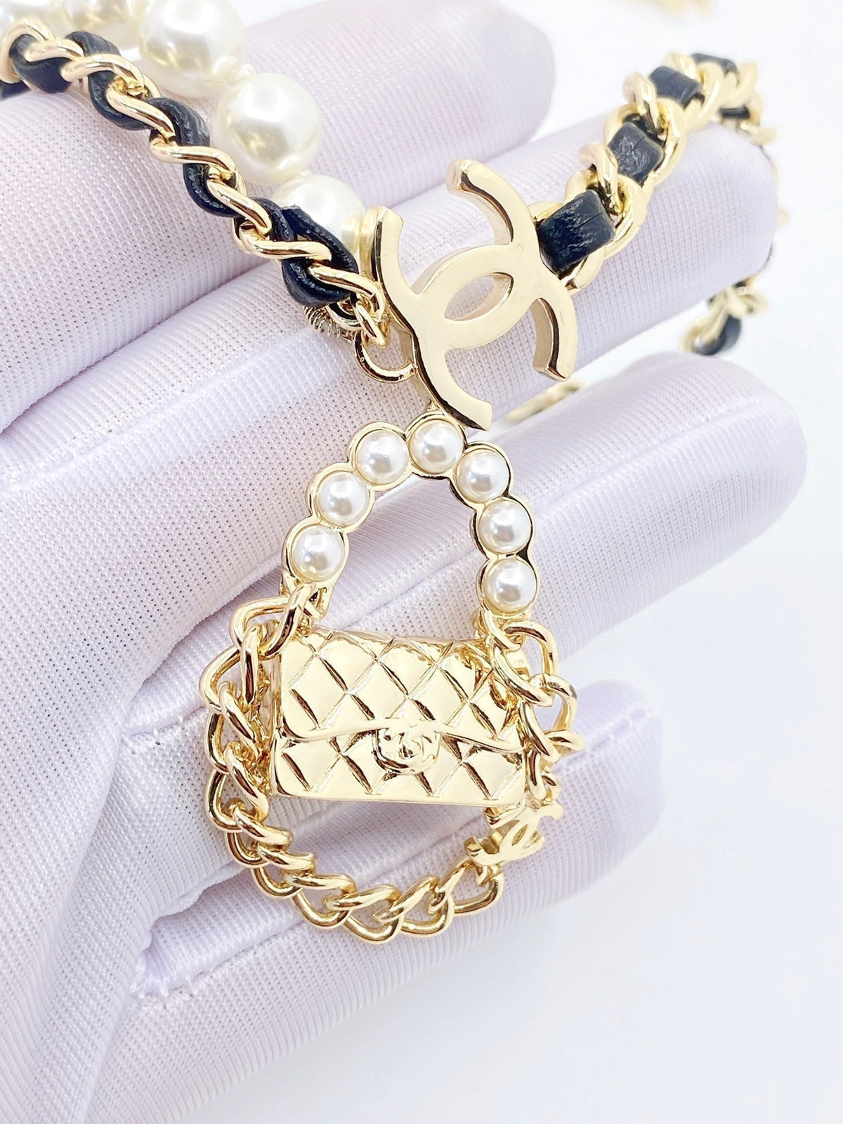 18K Chanel Pearl Bag Pendant Necklace