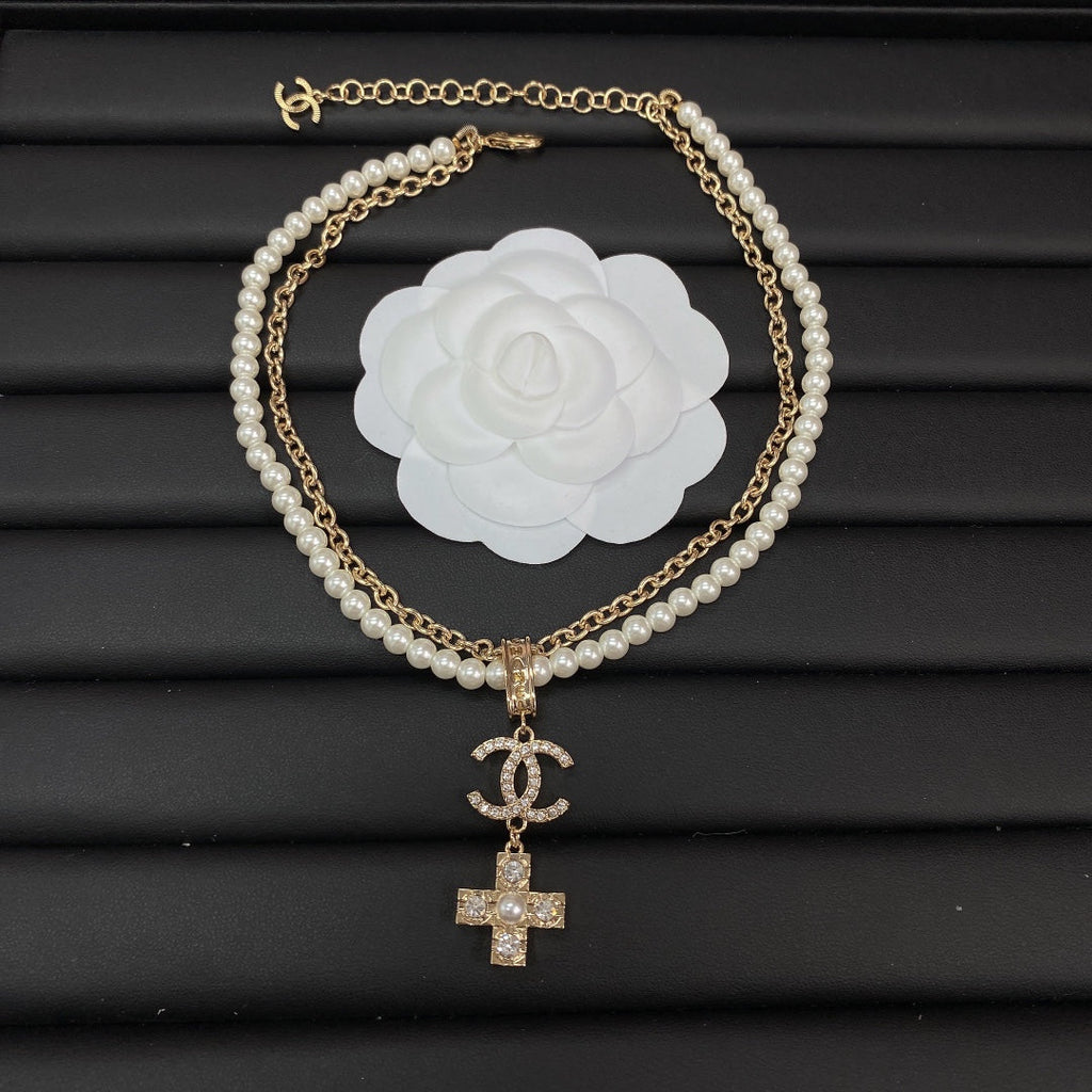 18K Chanel Cross Diamond Pearl Chain Necklace