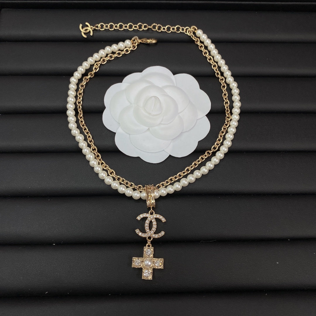 18K Chanel Cross Diamond Pearl Chain Necklace