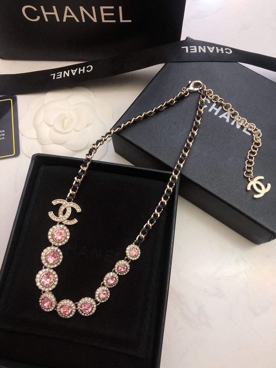 18K Chanel Pink Crystals Leather Necklace