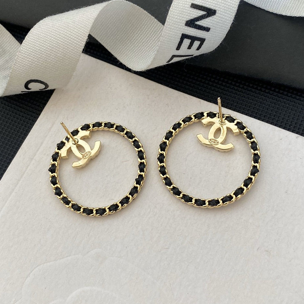 18K Chanel Black Leather Circle Earrings