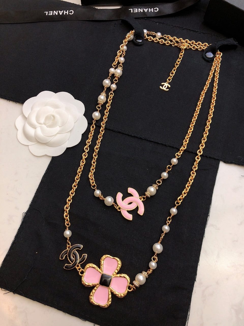 18K Chanel Pink Flowers Necklace