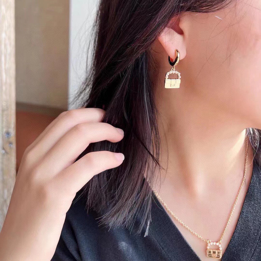 18K Fendi Bag Pendant Pearls Earrings