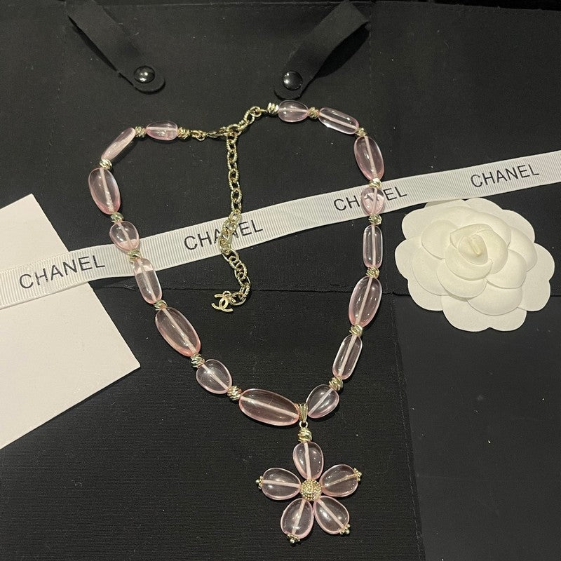 18K Chanel 26C Pink Crystal Flower Necklace