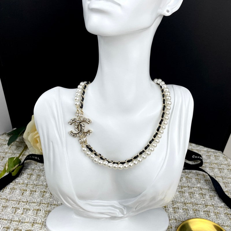 18K Chanel Pearl Chain Leather Necklace