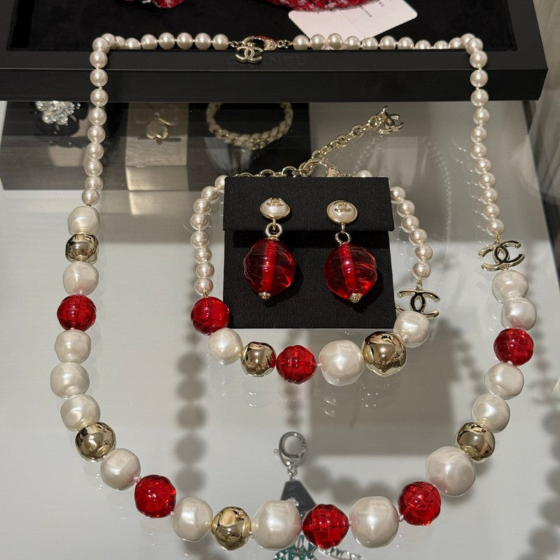 18K Chanel Red Crystal Pearl Choker Necklace