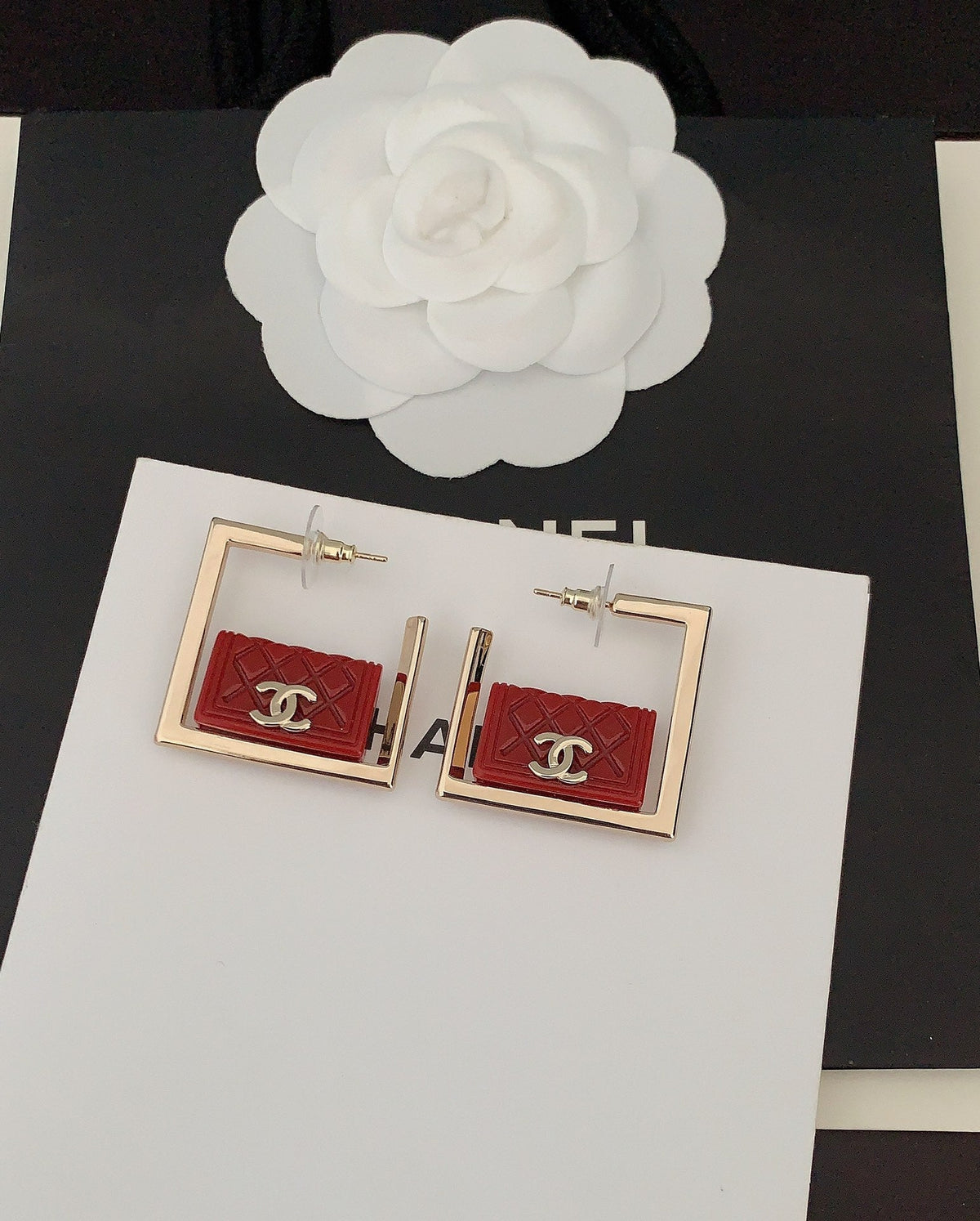 18K Chanel Red Bag Pendant Earrings