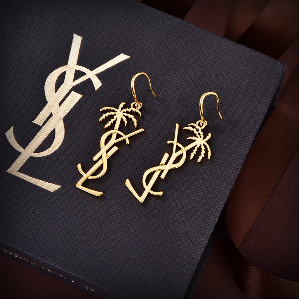 18K Saint Laurent YSL Monogram Palmier Statement Earrings