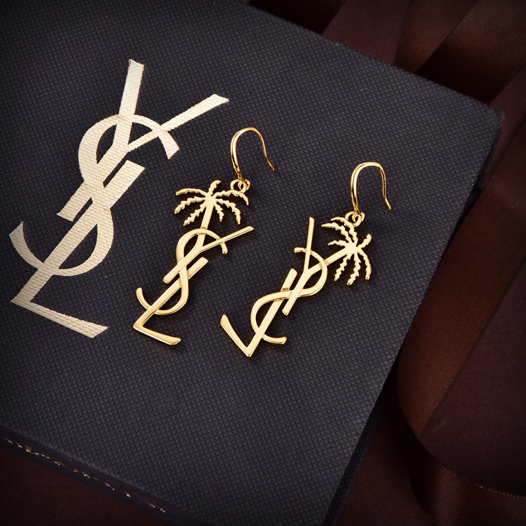 18K Saint Laurent YSL Monogram Palmier Statement Earrings