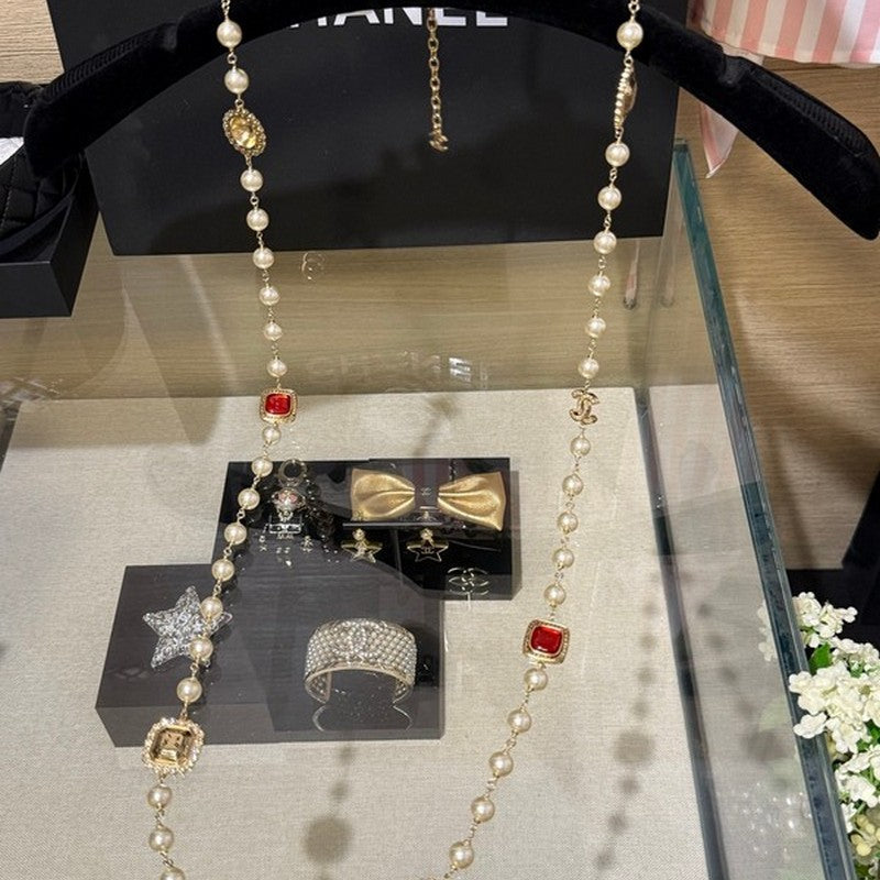 18K Chanel Long Pearl Red Crystals Necklace