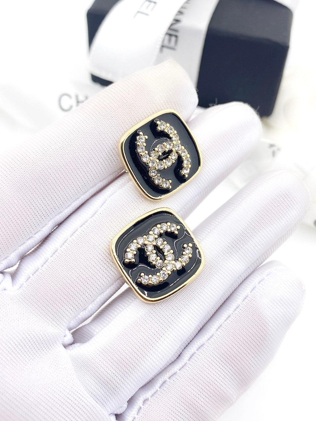 18K Chanel Square Resin Diamond Earrings