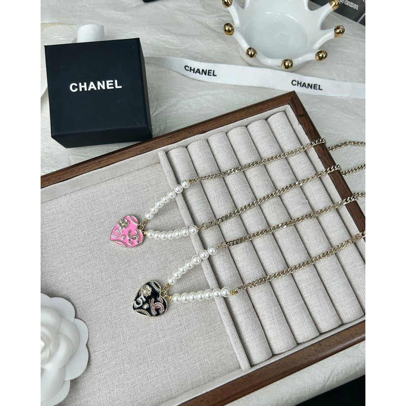 18K Chanel Pink & Black Heart Pearl Necklace